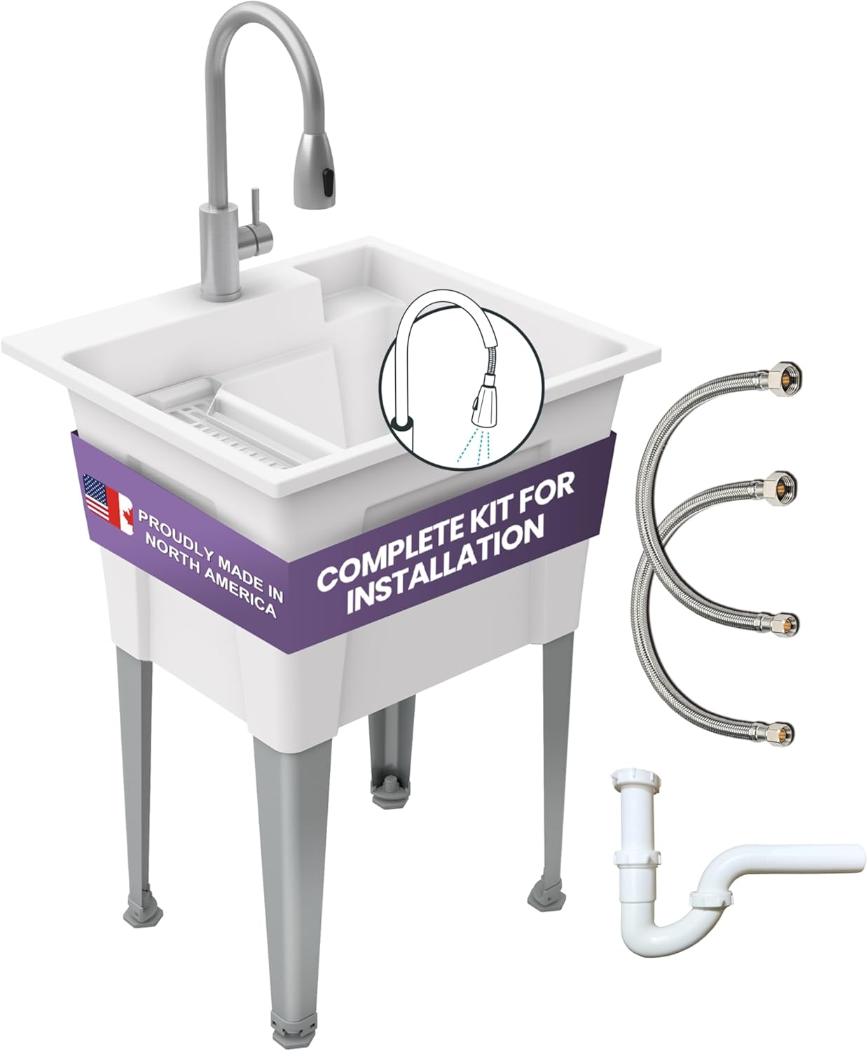 Freestanding Utility Sink with Gooseneck Faucet - 32" Plastic Utility Sink with Steel Legs for Garage, Laundry, Indoor and Oudoor Use - Laundry Tub Kit by Noah William Home - White (25.6 gal)