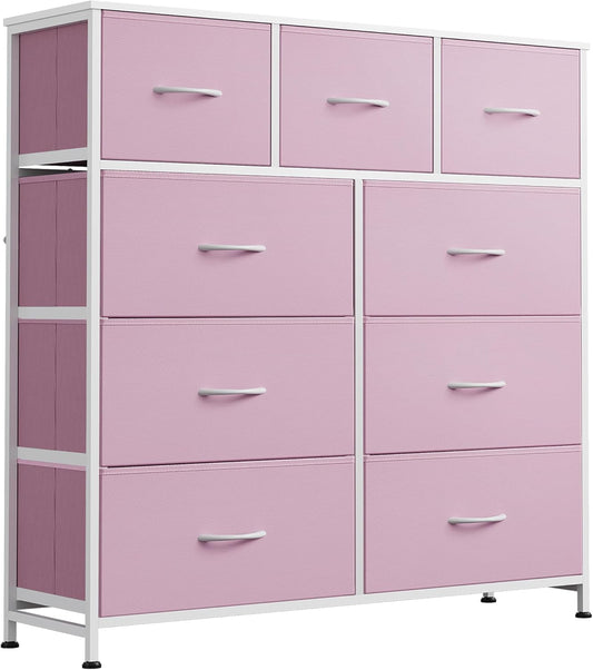 WLIVE 9 Drawer Dresser, Fabric Storage Tower for Bedroom, Hallway, Closet, Tall Chest Organizer Unit for Bedroom with Fabric Bins, Steel Frame, Wood Top, Easy Pull Handle, A-Pink