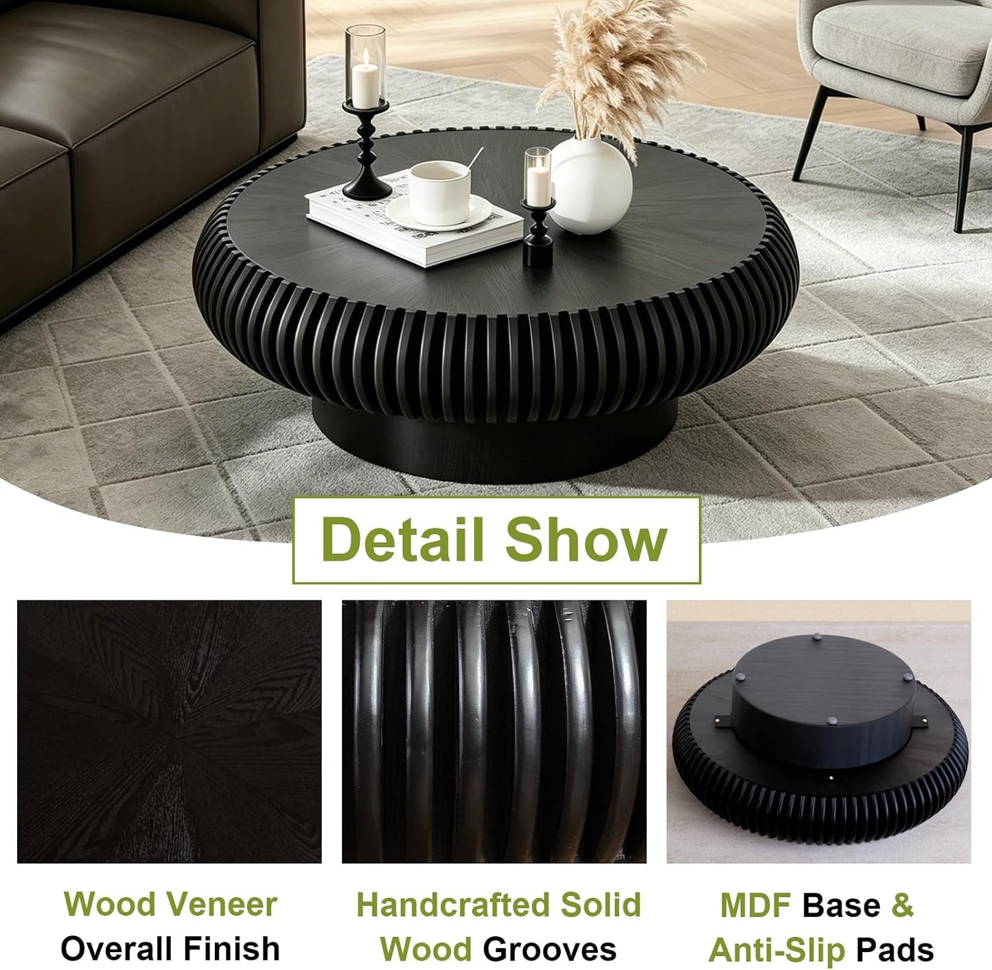 31" Black Round Drum Wood Fluted Coffee Table (E, 1PC) | For Living Room, Wooden Grooves, Circle Pedestal Center Table, Farmhouse Modern Style, For Small Spaces, Easy Assembly