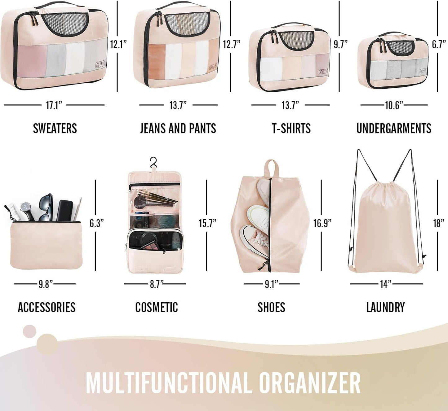 Veken 8 Set Packing Cubes for Travel Essentials, Suitcase Organizer Bags in 4 Sizes, Carry-On Luggage Accessories with Laundry Bag, Airplane Must Have, Gifts for Women Men
