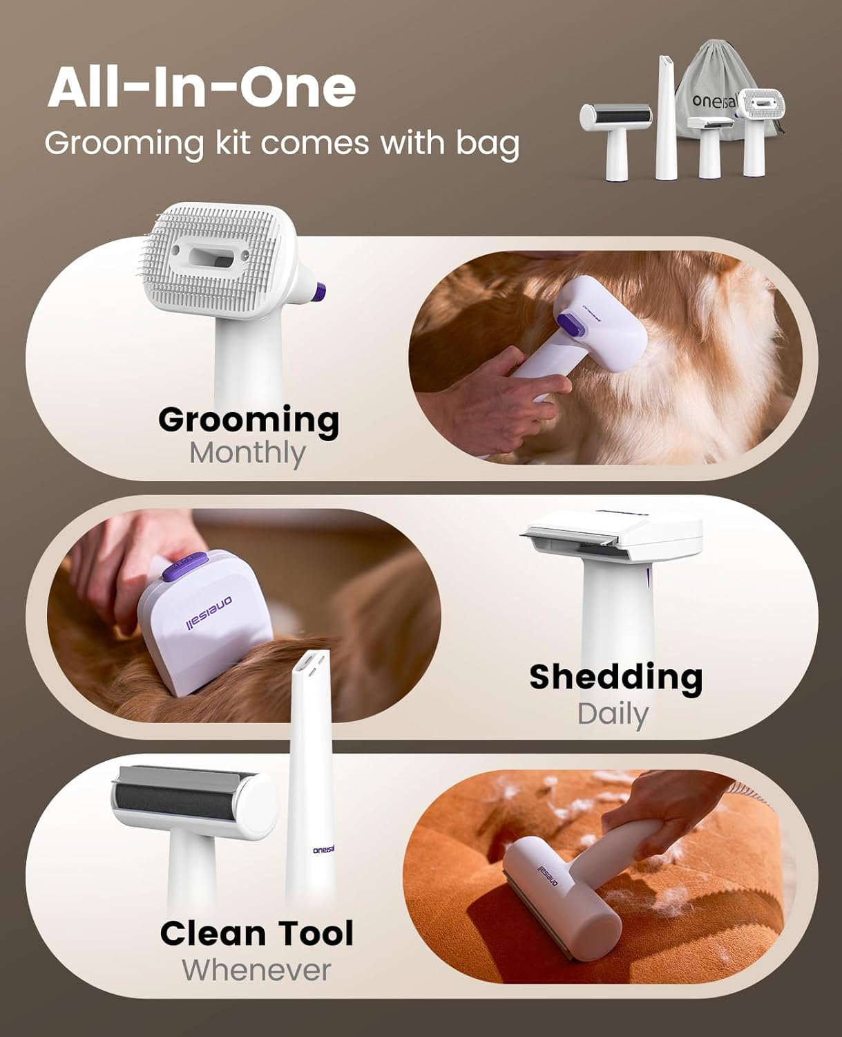 oneisall Dog Grooming Vacuum Kit: 15000Pa Shedding Brush with Grooming Tools, 3 Suction Low Noise, for Pet Thick and Undercoat, 1.5L Dust Cup, Dog Hair Vacuum, Home Cleaning, LM5