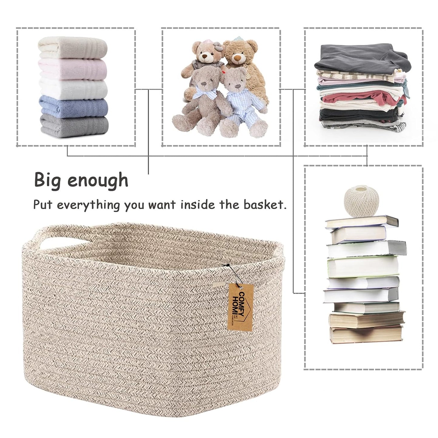 COMFY-HOMI Cotton Rope Woven Basket with Handles for Shelves,Toys,Book, Cloth Storage Baskets Bin for Organizing- 1 PCSToy Decorative Organizer for Living Room, Bathroom