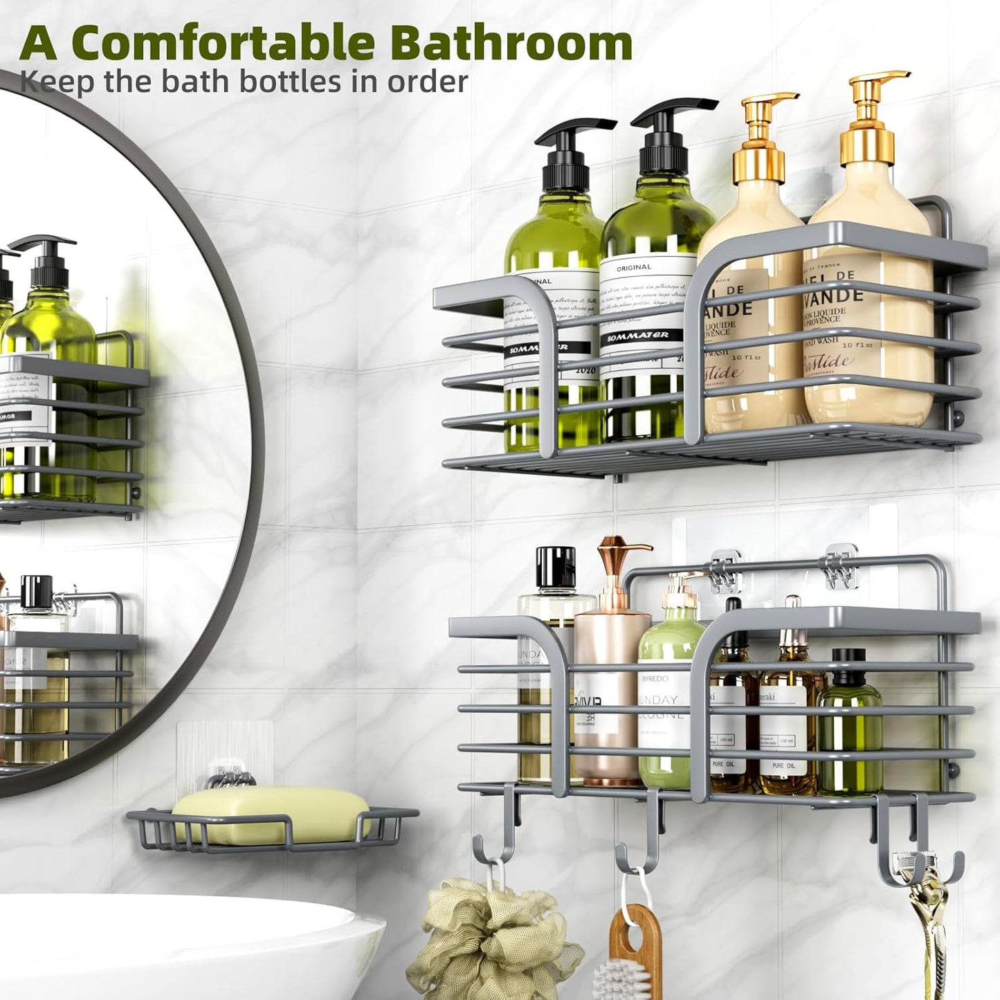 Yougai Shower Caddy, Shower Organizer with Soap Holder and Hooks, Rustproof Shower Shelves, No Drilling Bathroom Organizers and Storage, Wall-Mounted Kitchen & Home Decor (Dark Gray)