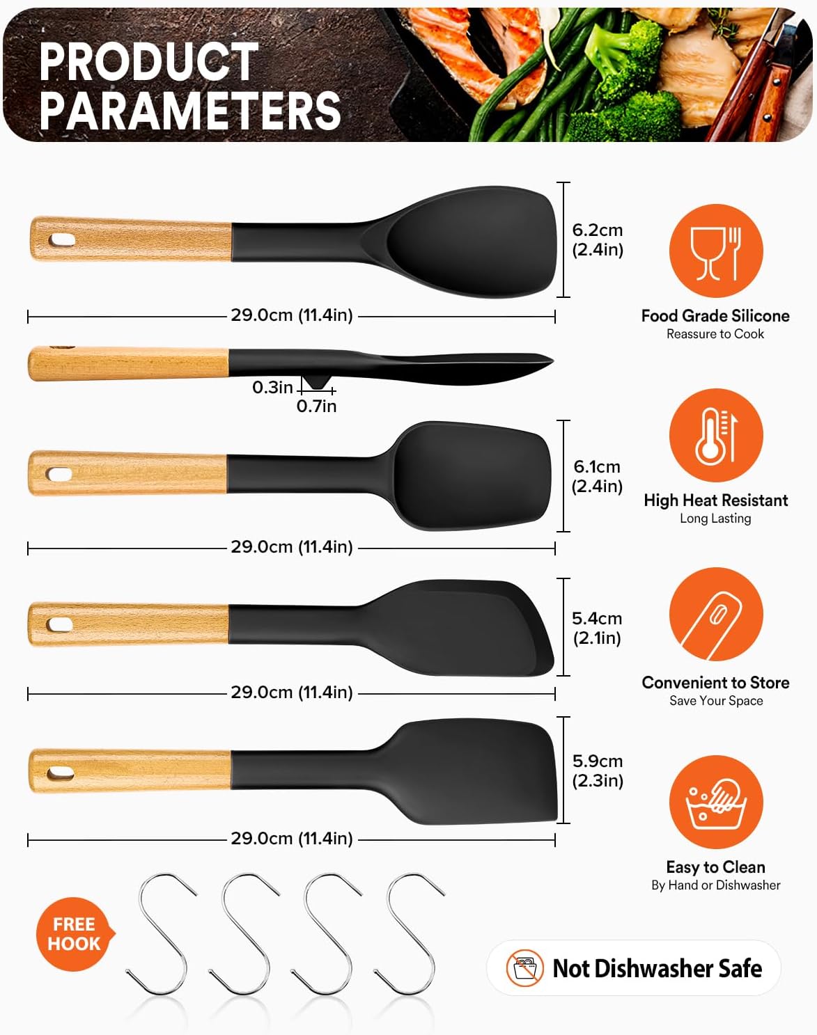 Badiano Silicone Spatula Spoon Set for Nonstick Cookwares, 4 Pack, BLACK