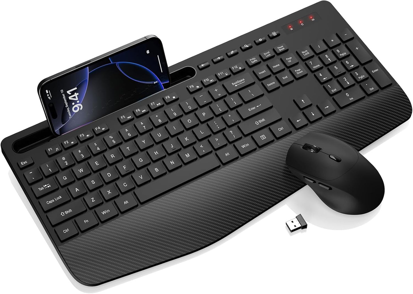 Wireless Keyboard and Mouse Combo - Full-Sized Ergonomic Keyboard with Wrist Rest, Phone Holder, Sleep Mode, 2.4G Quiet Keyboard for PC Laptop, Complete Work Setup for Office or Home -Trueque KM23