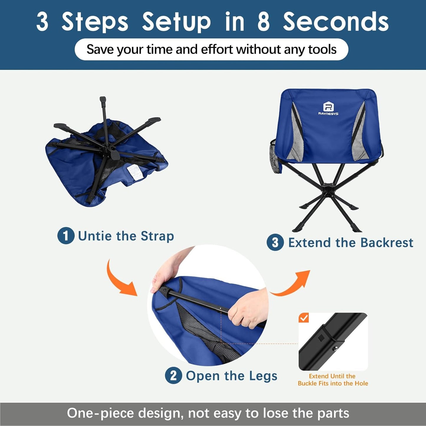 Raynesys Portable Camping Chair 1 Pack, 8 Seconds Quick Setup Folding Camping Chair, Flexible 360° Rotation, 3.8Lb Lightweight Travel Chairs for Easy Carry to Hiking, Sporting, Beach, Blue