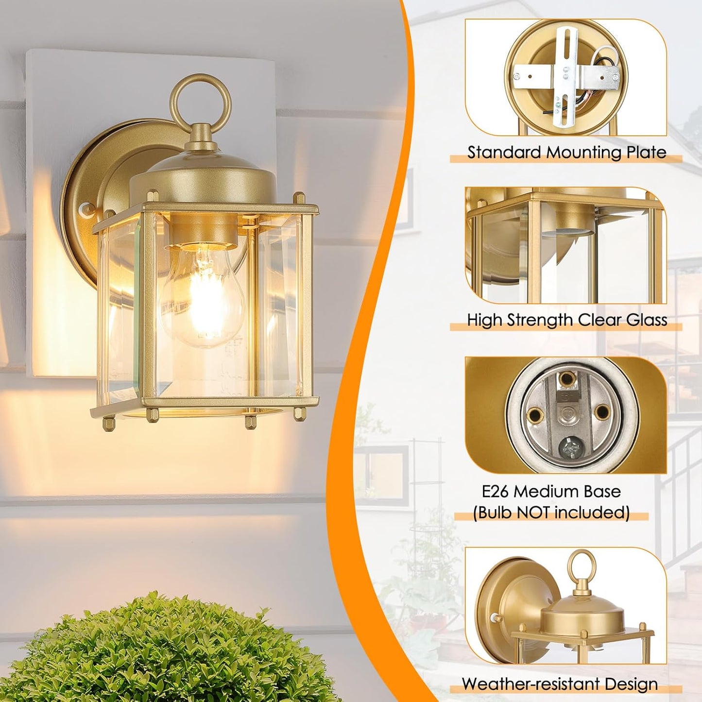 MATAMEYE Outdoor Wall Lantern, Exterior Waterproof Wall Sconce Light Fixtures, Gold Front Door Lighting with Clear Beveled Glass Shade, 2 Pack