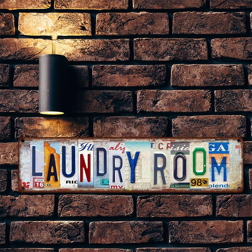 Vintage License Plate LAUNDRY ROOM Sign – 16x4 Inch Rustic Tin Wall Décor for Laundry Area, Utility Room, Farmhouse, Mudroom or Home Washroom