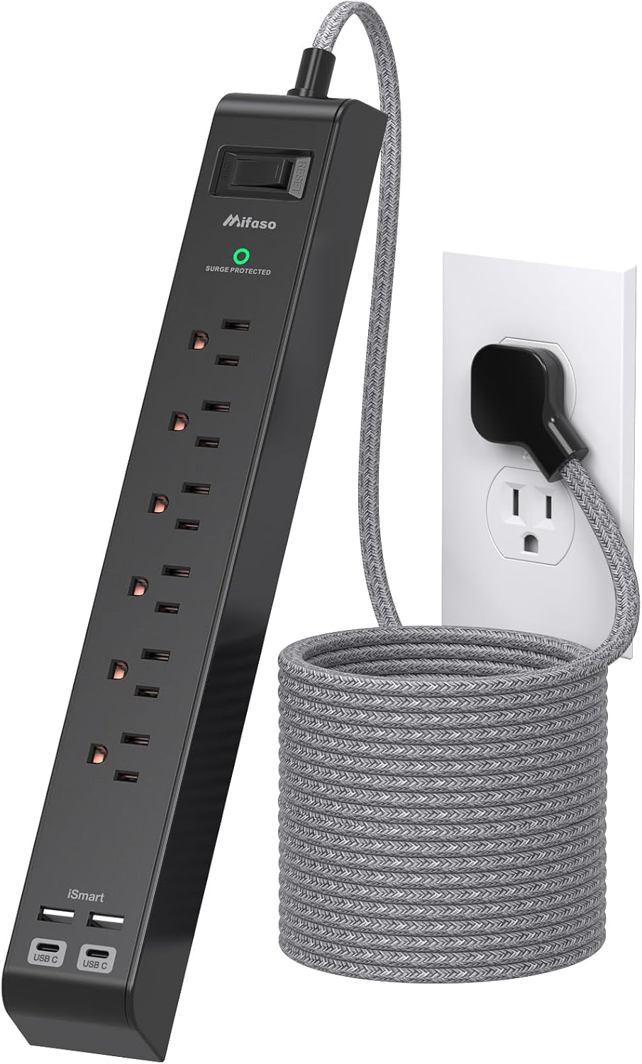 Surge Protector Power Strip 10 ft with 4 USB Ports 2 USB-C 6 AC Outlets, Flat Plug Extension Cord, USB Charging Station, Wall Mountable for Home, Office, Dorm Essentials, 1080J, ETL Listed