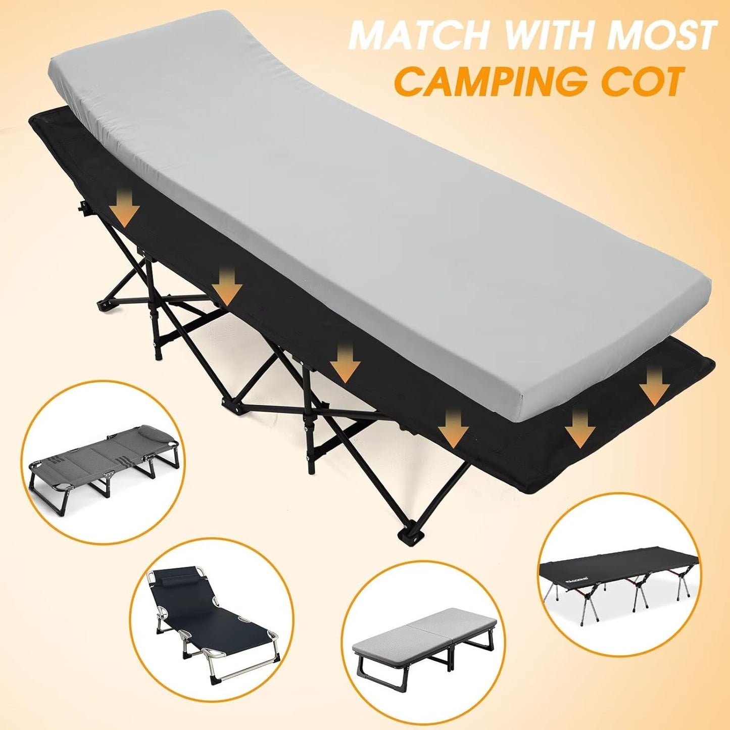 CYMULA Camping Cot Pad 2 Inch Memory Foam, Camping Pad for Folding Cot and Foldable Cot, Portable Roll Up Camp Gear for Car Camping Travel Tent, Non-Slip Waterproof Bottom, Removable Cover, Pad Only