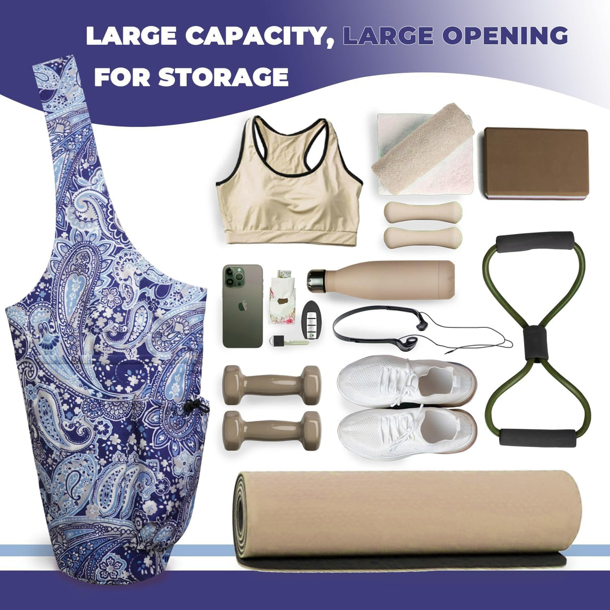 Yoga Mat Bag Carrier for Women Workout Large Waterproof with Zipper Pocket, Keychain and Wide Shoulder Straps