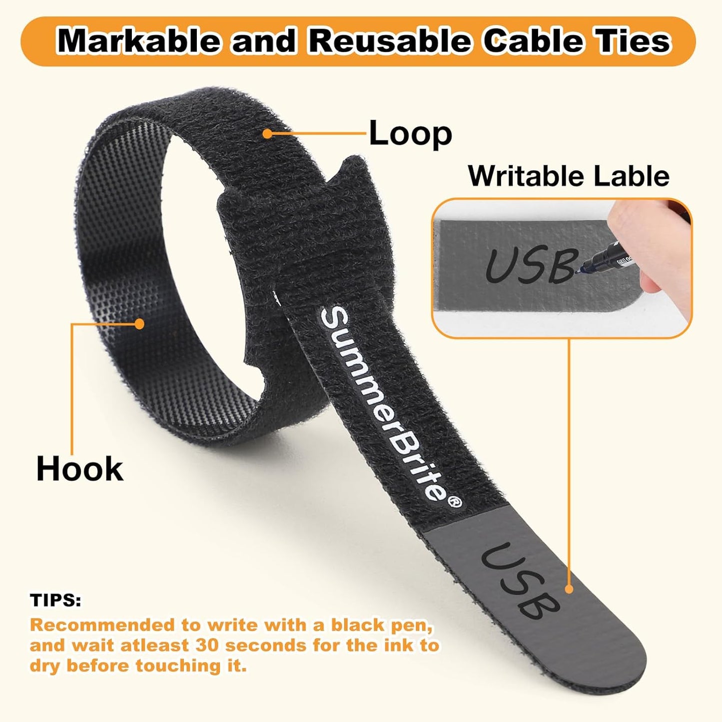 SummerBrite 70 Pack Black Cable Ties 6 Inch with Writable Labels, Reusable Cable Management Straps, Hook and Loop Cord Organizer for Home Office, PC Desk Setup, Electronics & Travel Wire Management