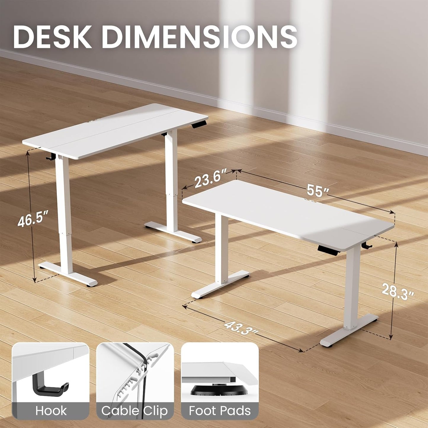 Veken 55 x 23.6 Inch Electric Standing Desk with Adjustable Height, Sit to Stand Computer Table for Study, Work or Gaming, Home Office Desk White