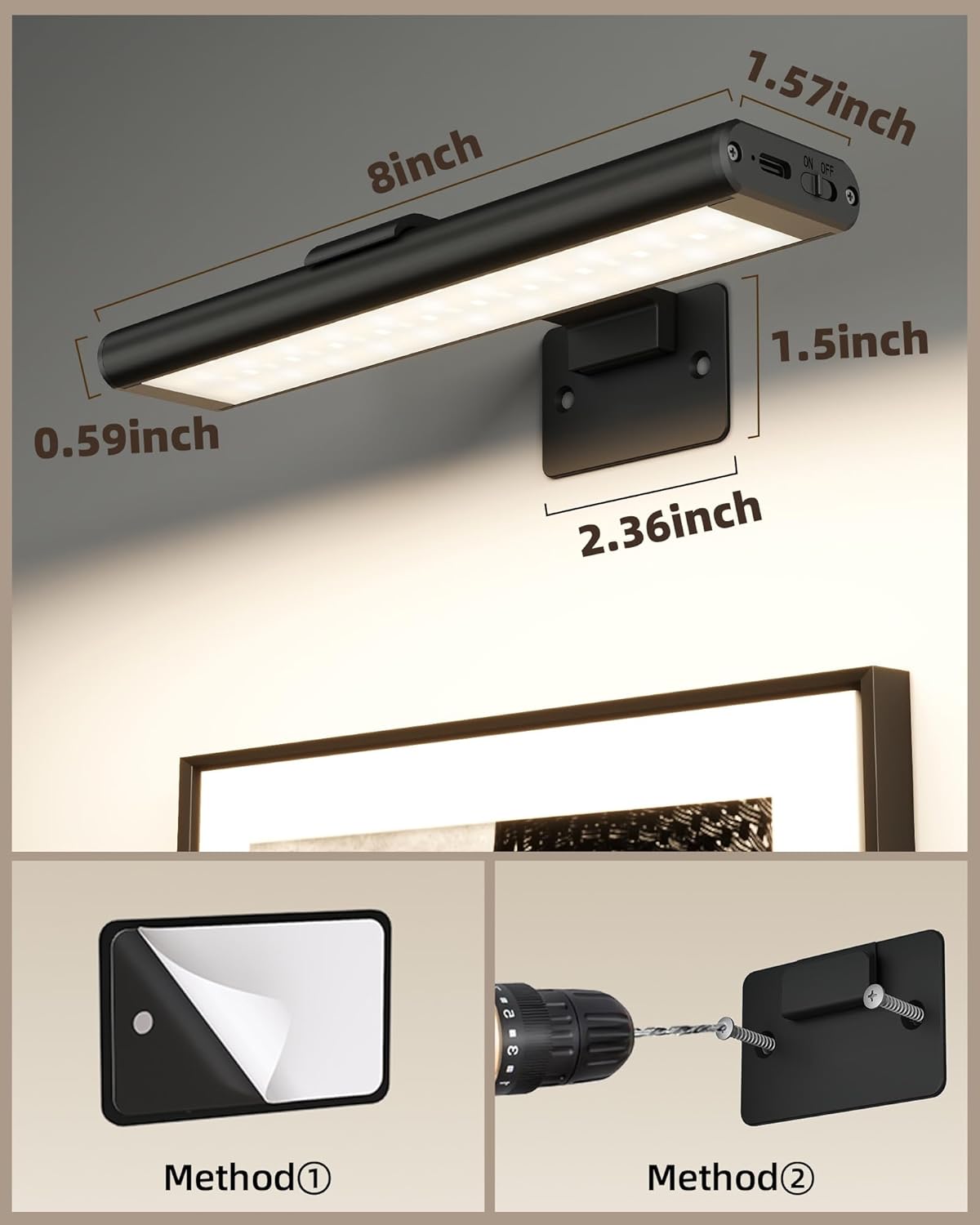 EZVALO Picture Light for Wall, Rechargeable 2400mAh Battery Lights Wireless with IR Remote, 3 Color & Dimmable Magnetic 7.8'' LED Lights Display for Painting, Living Room, Gallery, Bedroom(Black-3P)
