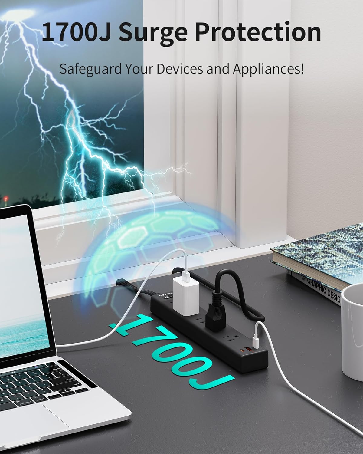 HOPOW Flat Plug Power Strip, 6 Ft Ultra Thin Extension Cord, Surge Protector with 5 Outlets & 3 USB Ports (2 USB C), 1700 Joules, Wall Mount, Desktop Charging Station for Home Office Dorm, Black