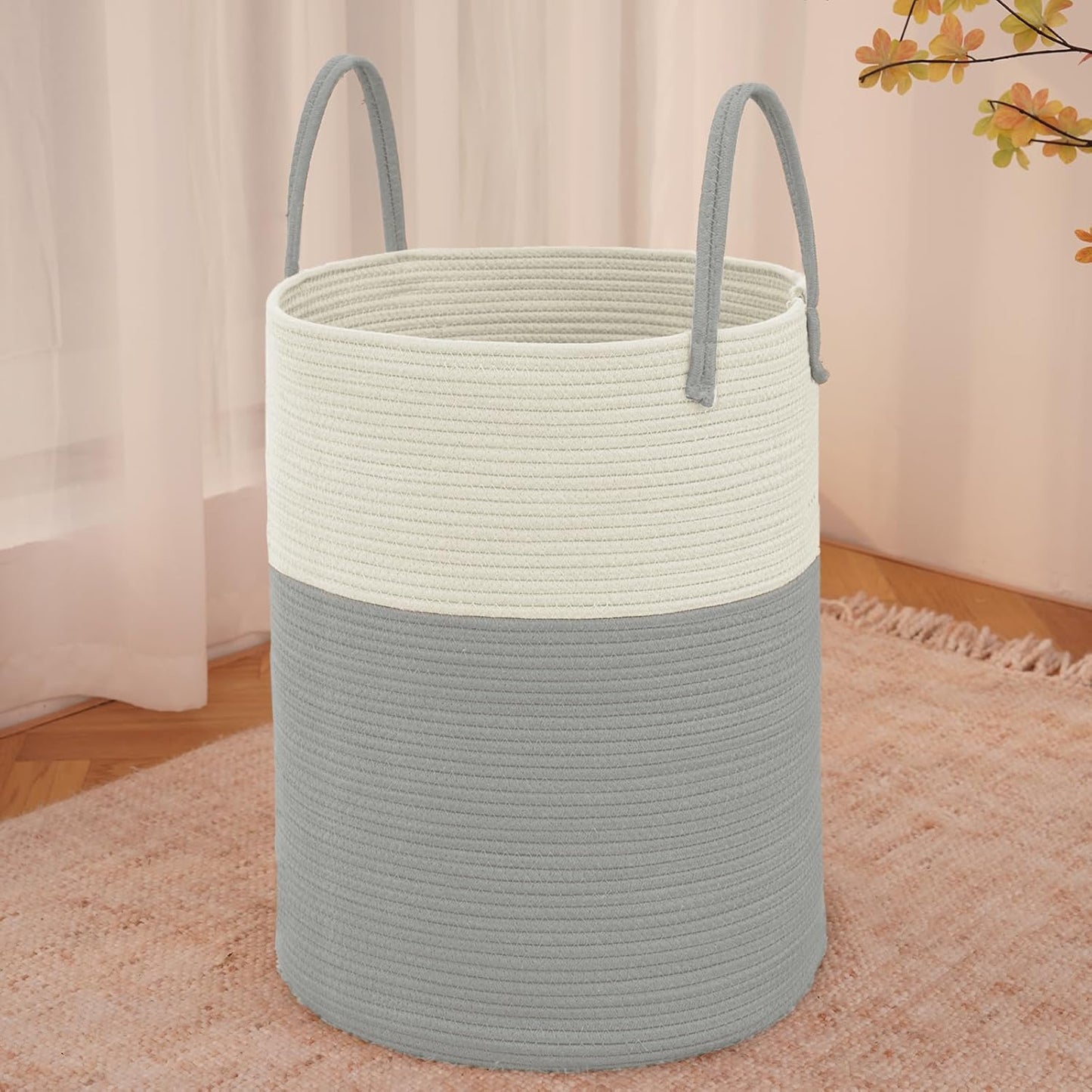 JMvicyroam Large Woven Laundry Basket Hamper,60L Cotton Rope Storage Bin for Blankets,Toys and Clothes,Decorative Tall Nursery Hamper for Living Room,Baby Nursery,Bathroom and Bedroom,Jute