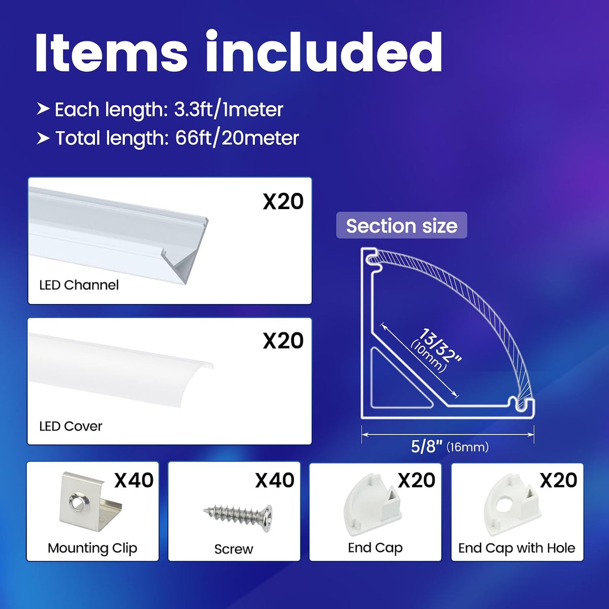 Muzata 20Pack 3.3FT Silver V-Shape Corner LED Channel Milky Cover V1SW WW