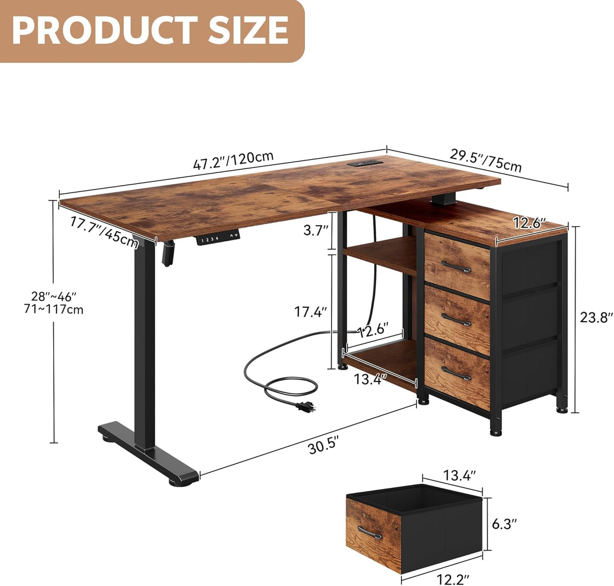 47 Inch L Shaped Desk with 3 Drawers Electric Standing Desks with Storage Computer Table Adjustable Height with Power Outlets 4 Memory Presets for Home Office, Rustic Brown