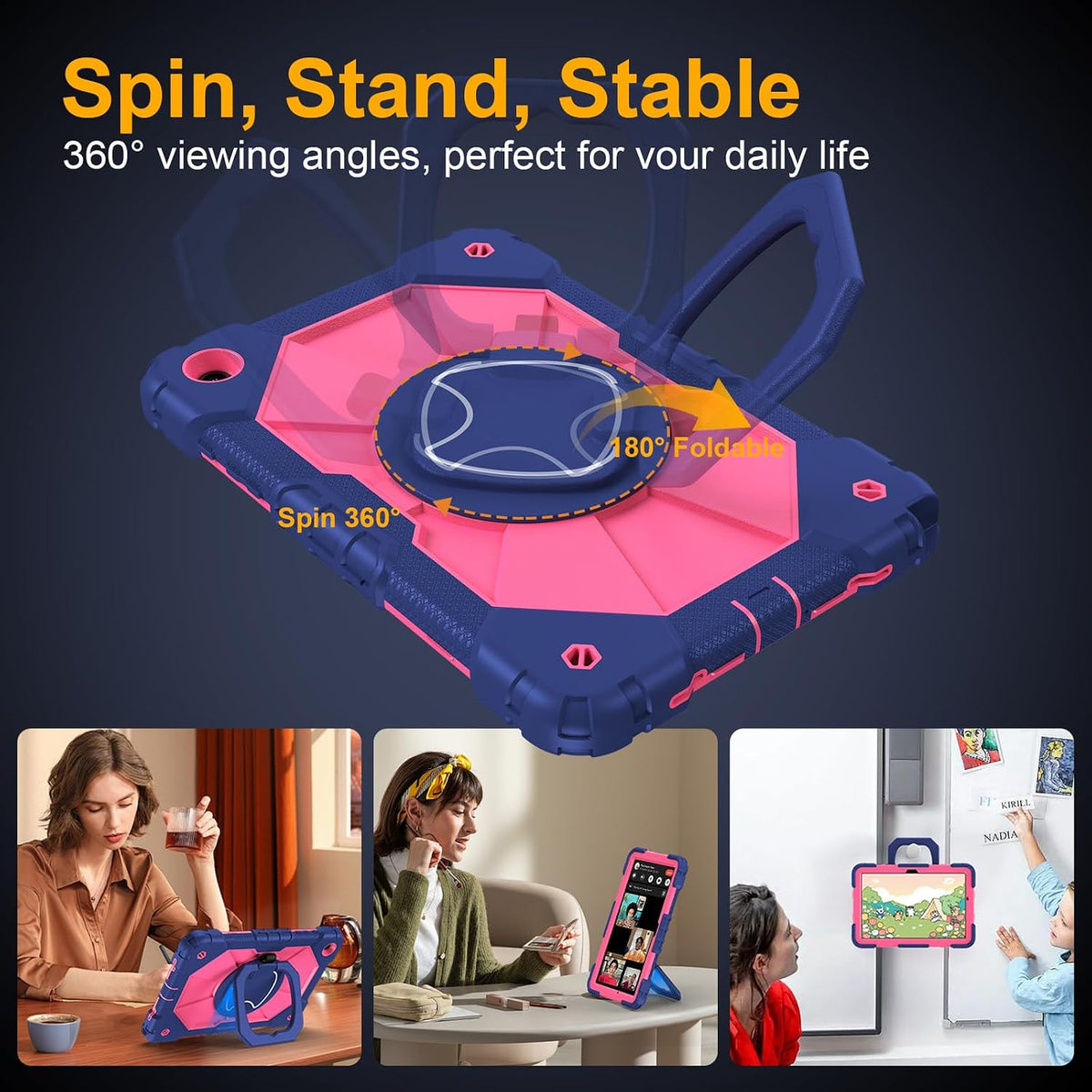 Case for Samsung Galaxy Tab A11+/A9+ Plus 11 Inch 2026/2024, Auorld Rugged Case for Samsung Galaxy A9+/A11+ Tablet with Screen Protector 360 Rotating Stand Shoulder Strap Pen Holder, Navy Pink