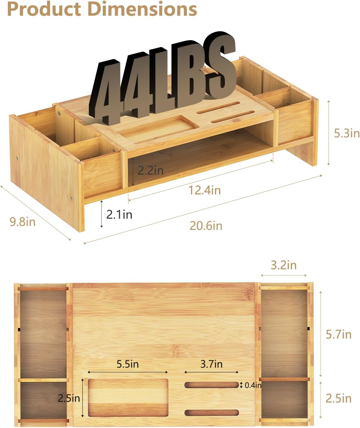 Ufine Bamboo Monitor Stand with Storage Compartments Small Desk Organizer