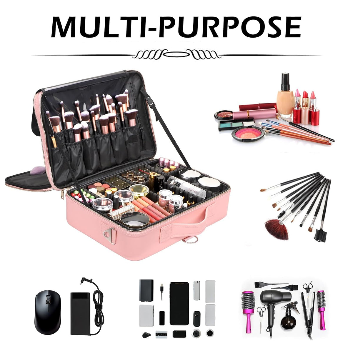 gzcz Large Capacity Travel Makeup Case Organizer,Professional Cosmetic Bags for Women,Waterproof PU Leather Makeup Bag with Adjustable Dividers and Shoulder Strap for Brushes and Jewelry