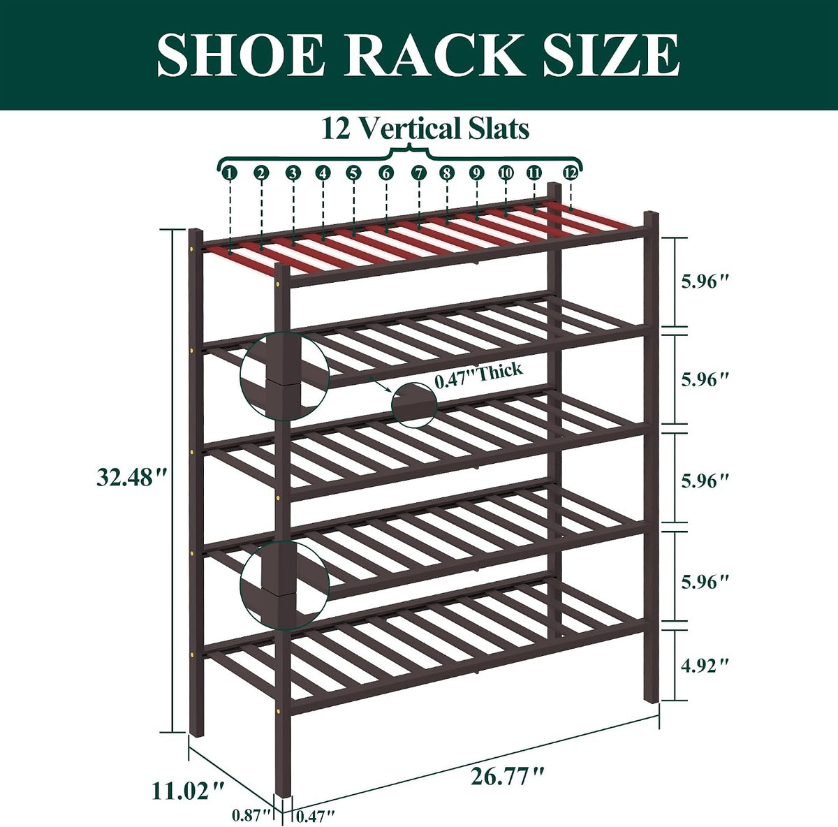 Smiry Bamboo Shoe Rack, 12 Vertical Slats, 5 Tier - 26.8" Wide, Brown