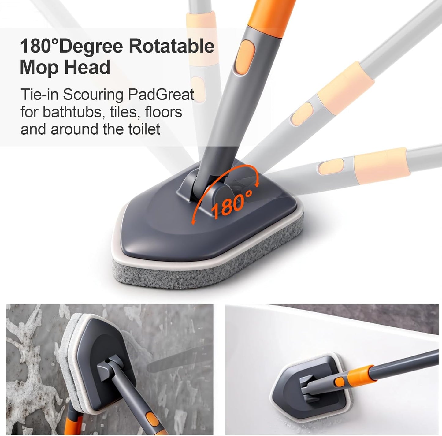 CLEANHOME Tile Tub Scrubber Brush with 3 Different Function Cleaning Heads and 56" Extendable Long Handle-No Scratch Shower Scrubber for Cleaning Bathroom Kitchen Toilet Wall,Bathtub,Sink,Grey