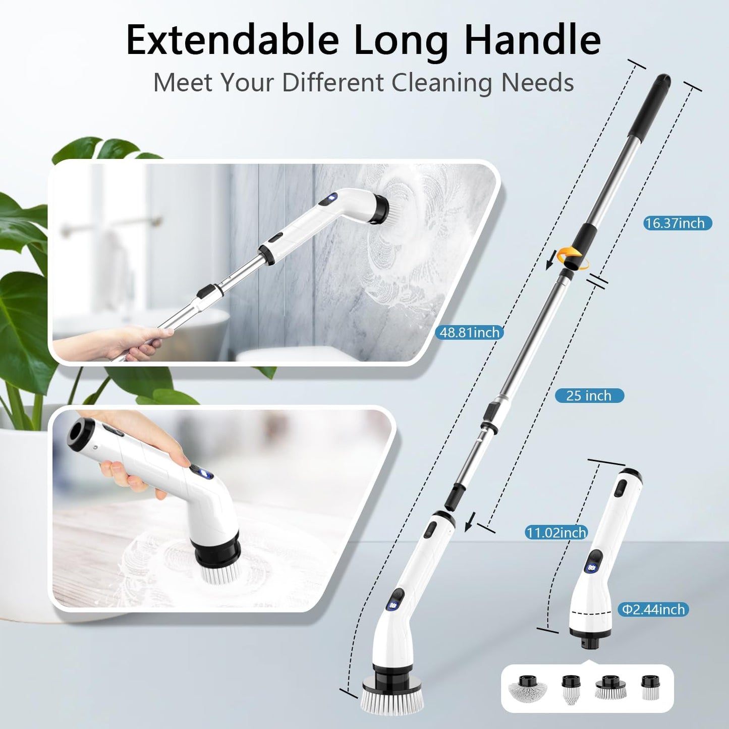 TUYU Electric Spin Scrubber, Full-Body IPX7 Waterproof Bathroom Scrubber with Power LCD Display, 8 Replacement Head, Adjustable Extension Handle, Cordless Shower Cleaner Brush for Bathtub Cleaning