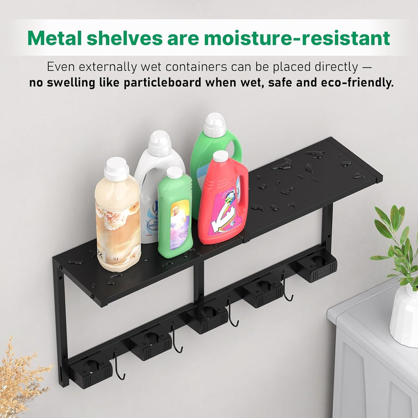 CCCEI Broom and Mop Wall Mount with Shelf, Laundry Room Cleaning Tools Organization Hanging Rack with Hooks, Bathroom, Garage, Garden Organizers and Storage. All Metal, Black, 2 Pack.