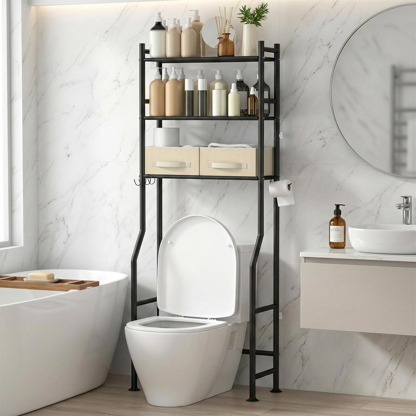 GloTika 4-Tier Over Toilet Storage with Anti-Tilt Safety System - 150lb Total Capacity Metal Bathroom Shelves Including Paper Holder & 4 Hooks, Space Saving Above Commode Organizer (69.3" H, Brown)