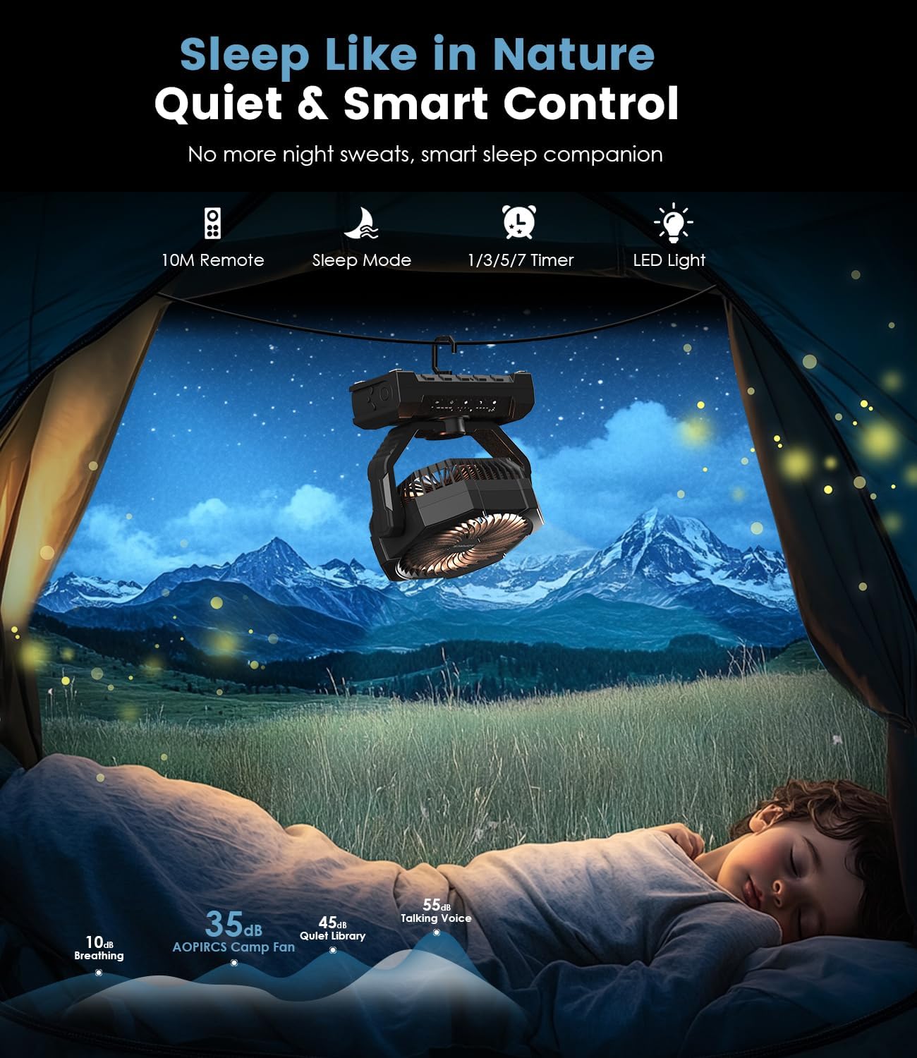 Camping Fan Rechargeable, 60H Long-Lasting Battery Powered Fan - 4 Speeds, 3 Light, Timer, Sleep Mode, Hook, Portable Fans for Camping Gear, Travel Essentials, Tent, RV, Outdoor, Garage, Emergency