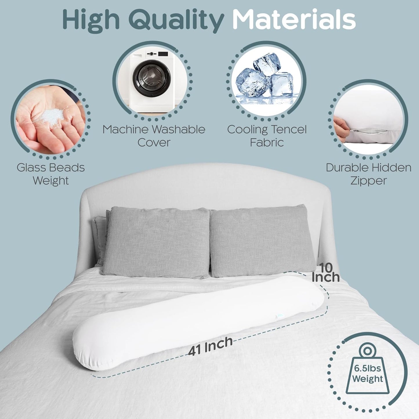 SleepCloud Weighted Body Pillow 6.5lbs - Weighted Pillow for Deeper Sleep (41” x 10”) - Cooling Body Pillows for Adults, Full Body Pillow for Adults, Side Sleeper Body Pillows with Cover (White)