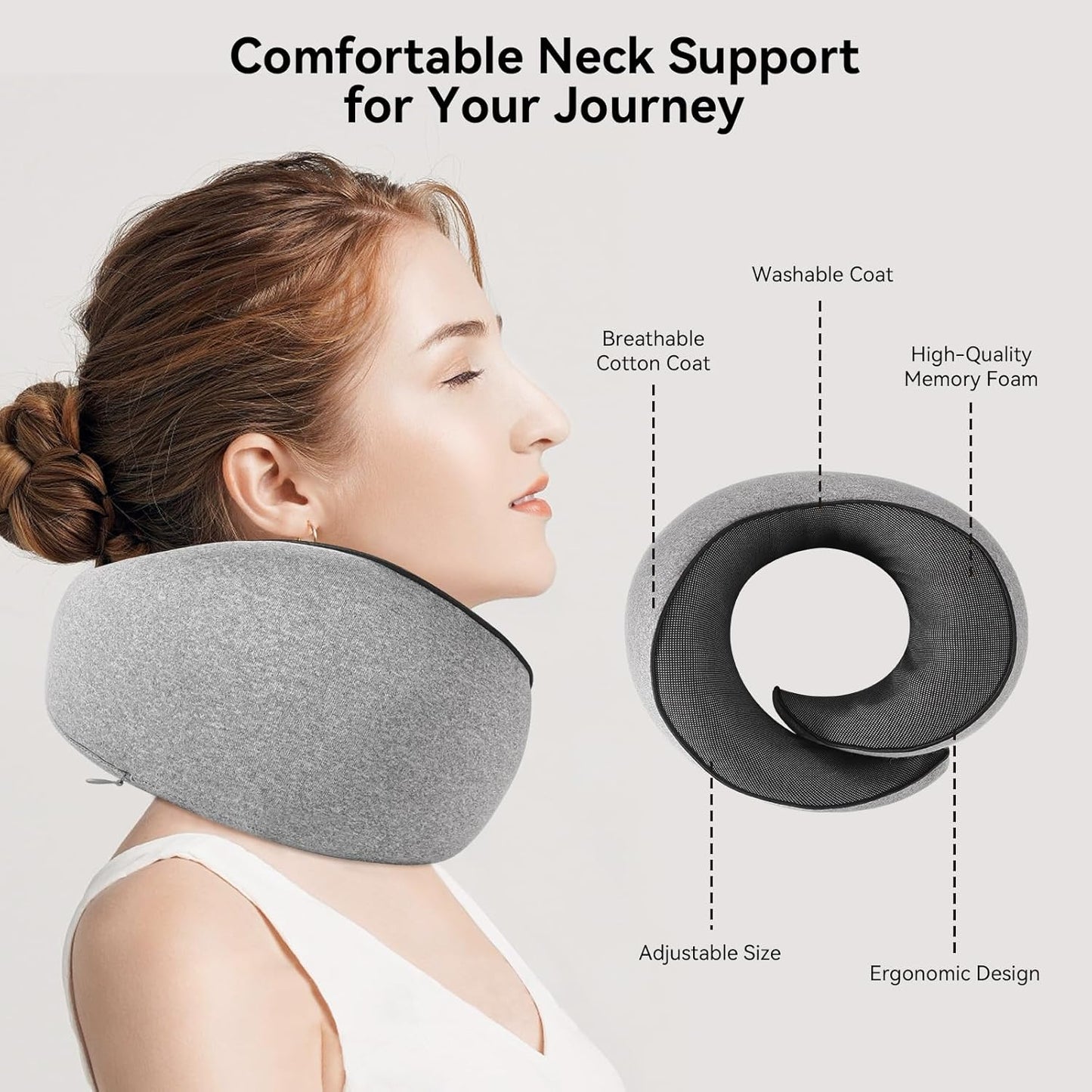 Travel Pillow, Memory Foam Neck Pillow with Ergonomic 360° Support, Travel Neck Pillow for Airplanes, Compact Design for Plane, Car & Office Travel Essentials, Gray