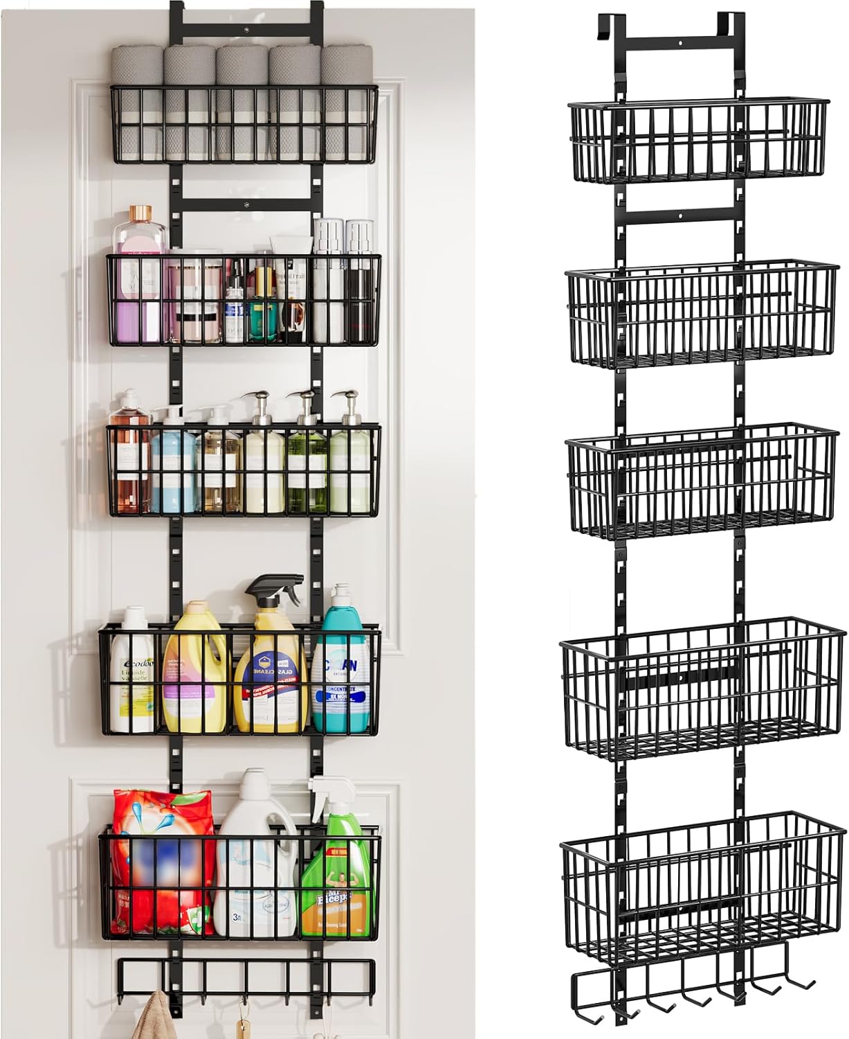 Hongtamoya Adjustable Over the Door Organizer, Metal Hanging Door Organizer with 5 Wire Basket 7 Hooks, Wall Mounted Shelf for Pantry Laundry Organization and Storage, Black