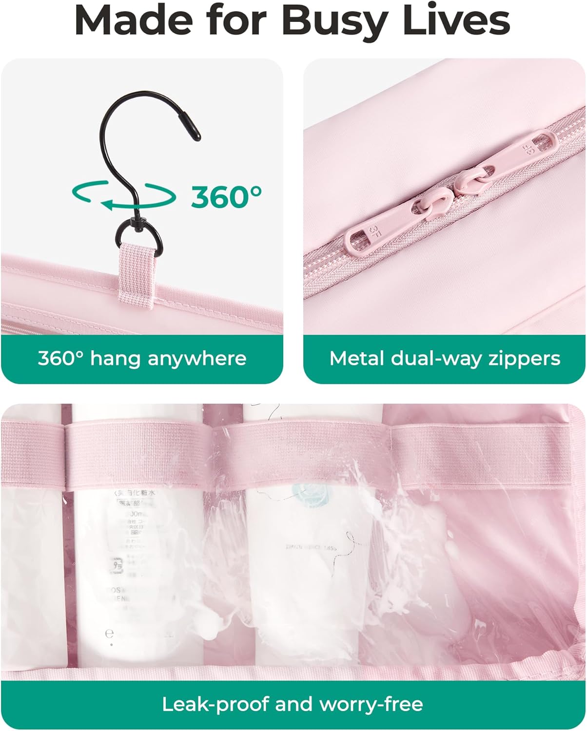 BAGSMART Travel Toiletry Bag for women, Portable Hanging Hook Makeup Bag Organizer, Waterproof Makeup Cosmetic Bag, for Full-Size Accessories, Toiletries, Dusty Rose