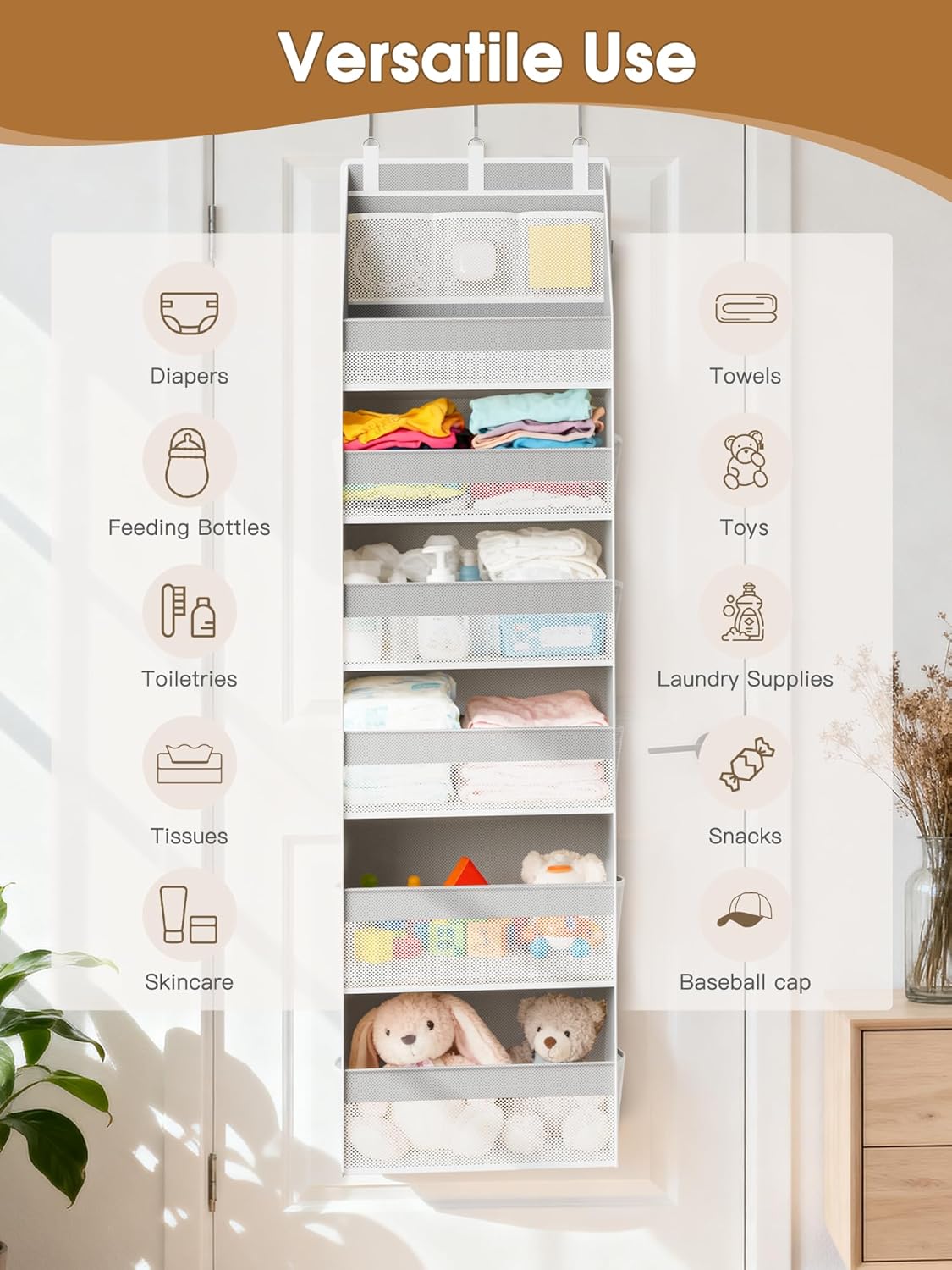 Criusia Over The Door Organizer, Heavy-Duty 6-Shelf Hanging Storage with 13 Mesh Pockets, 55lbs Capacity Behind The Door Storage for Nursery, Bathroom, Bedroom, and Dorm, Grey