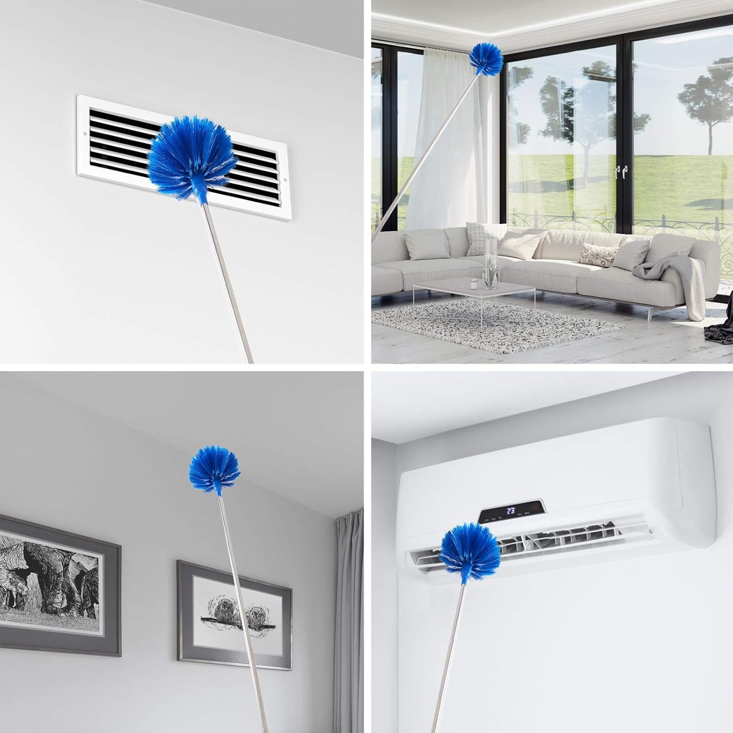 ZZ LAZYCOTTAGE Cobweb Duster with ExtensionPole, Washable Cleaning Duster Kit with 2 DusterHeads, Cobweb Duster, Corner Brush, Telescoping Pole for Ceiling Fan (Blue)