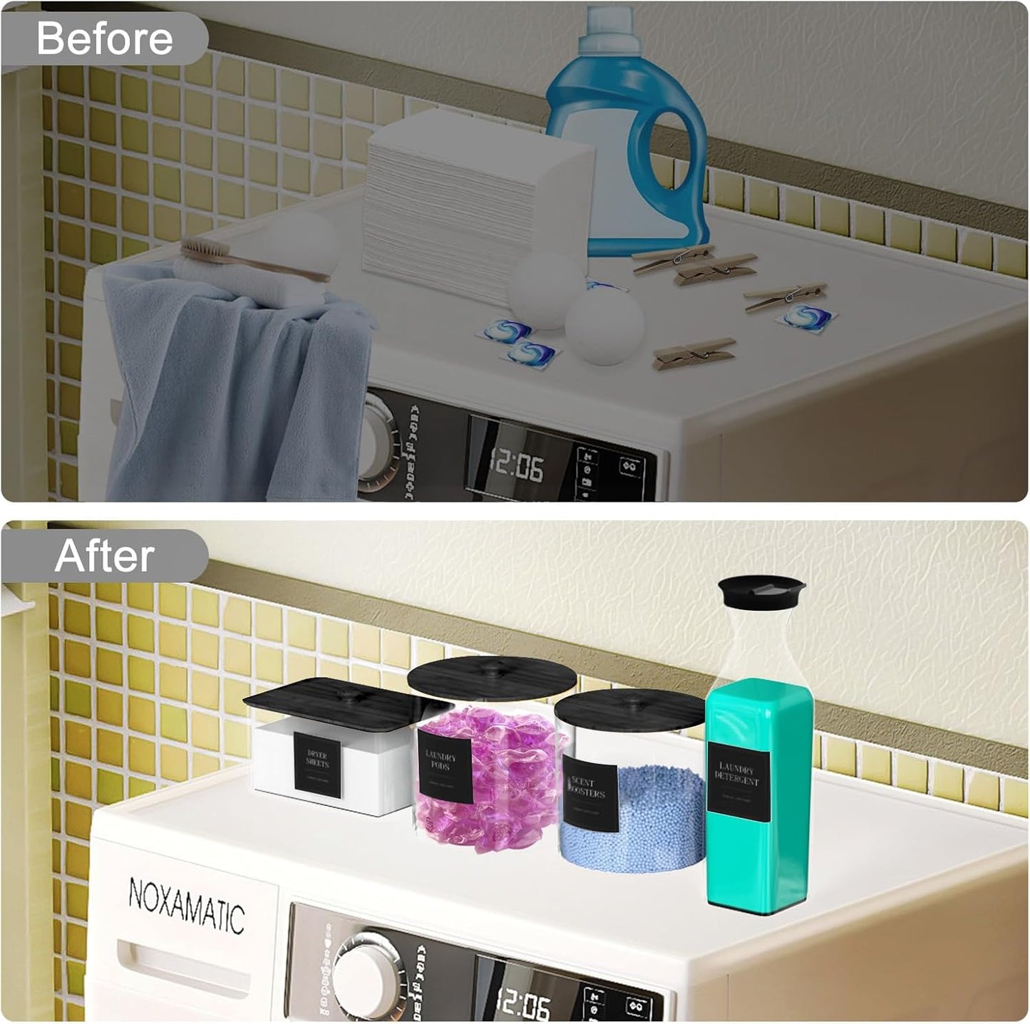 3+1 Pack Laundry Pods Containers & Dryer Sheet Holder & Laundry Detergent Dispenser, Laundry Room Organization and Storage Jars with Lids, Labels and Scoops for Scent Booster Powder Pods, Black Lid