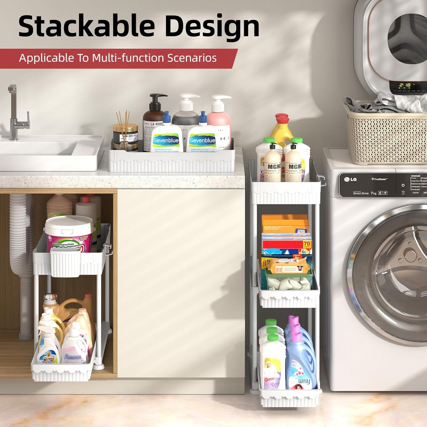 Sevenblue Under Sink Organizer, Bathroom Organizers and Storage, 2 Tier Multi-Use Pull Out Cabinet Organizer with Hang Hooks and Cups (White, 4 Pack)