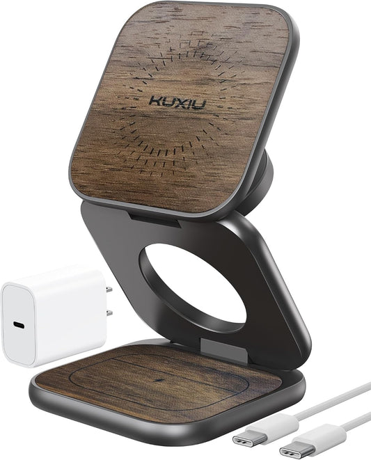 KU XIU Qi2.2 25W Magnetic Wireless Charger, Foldable 3 in 1 Travel Charging Station for iPhone 17/16/15/14/13/12, 5W for Apple Watch & AirPods, Aluminum Alloy Design, with 45W GaN Adapter, Wood Grain