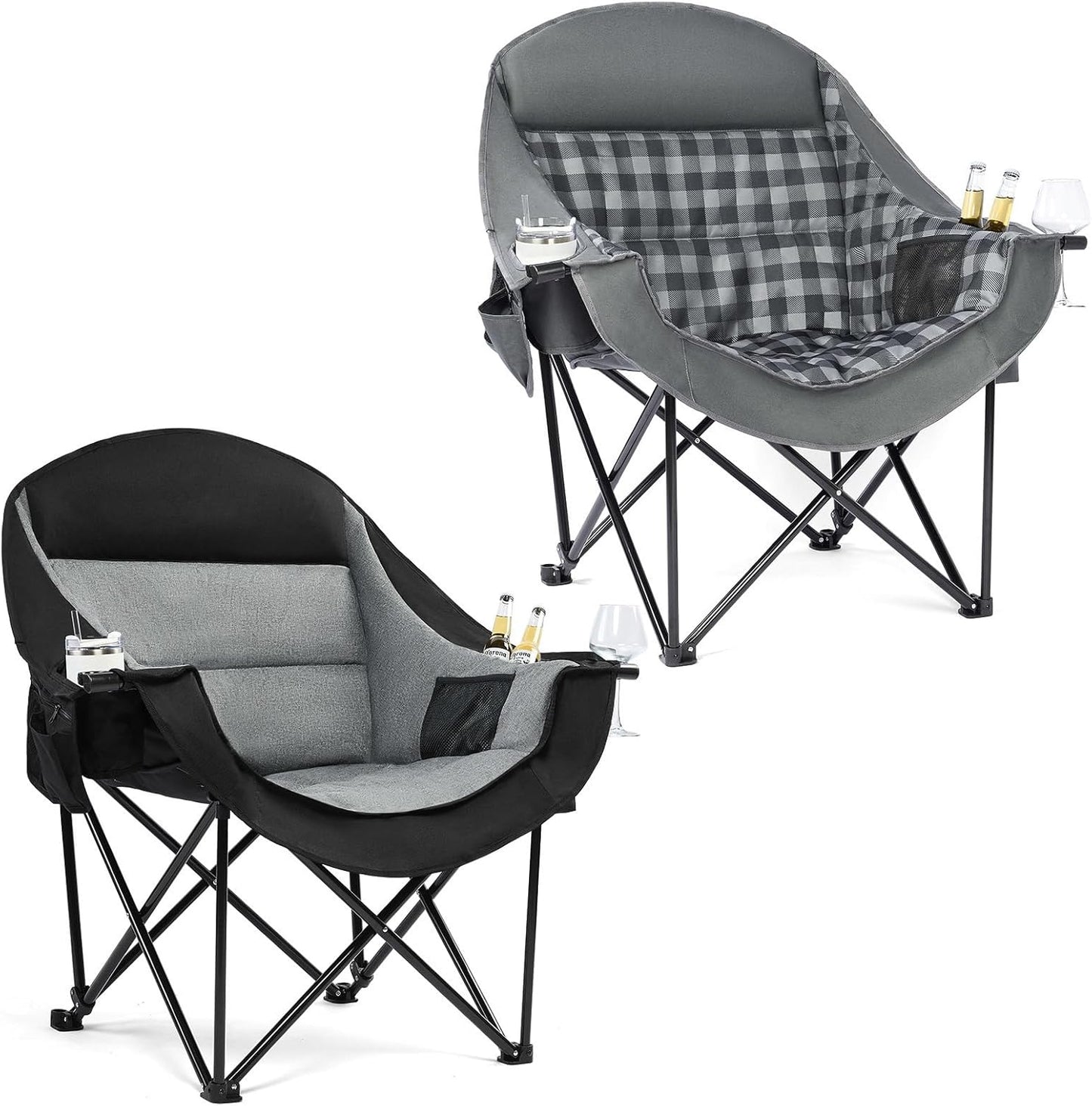 Oversized Camping Chair for Adults - Heavy Duty Outdoor Padded Large Lawn Camp Chair with Cup Holder Cooler Pockets for Sports Beach Fishing Garden Portable Supports 500lbs, Black/Grey 2 Pack