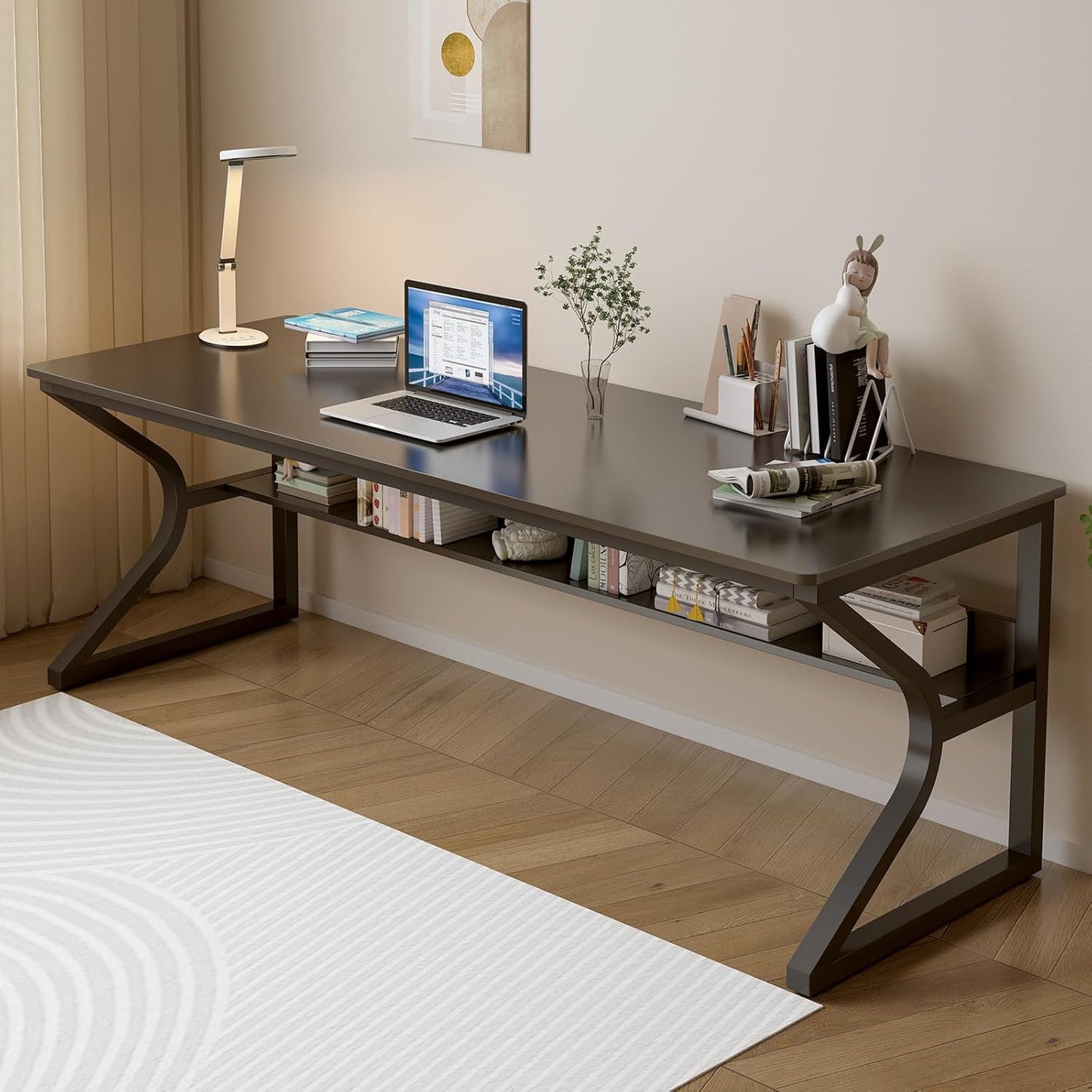 OSCHF Extra Long Desk with Bookshelf - 63" Double Long Writing Table for 2-Person Workstation, Modern Study Work Computer Desk for Home and Office, Warm White