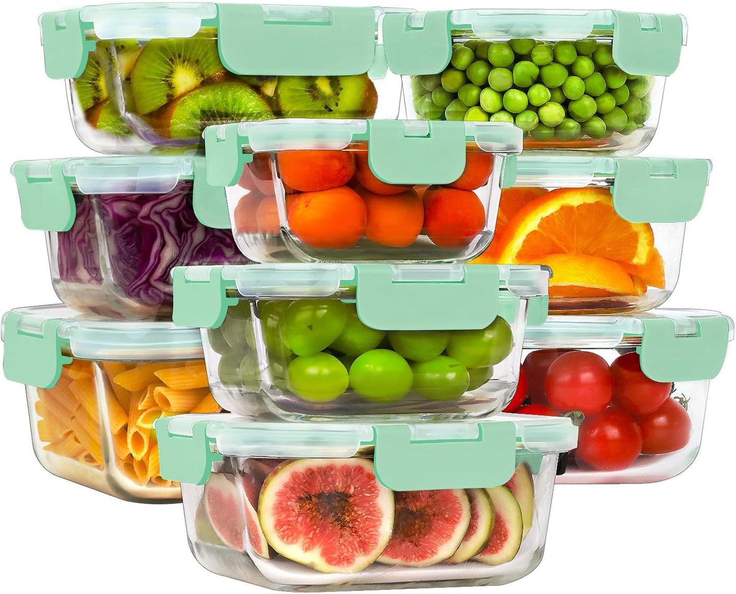 HOMBERKING 18 Piece Glass Food Storage Containers with Lids, Glass Meal Prep Containers, Airtight Lunch Bento Boxes, BPA-Free & Leak Proof, Oven, Freezer and Dishwasher Safe (9 lids & 9 Containers)