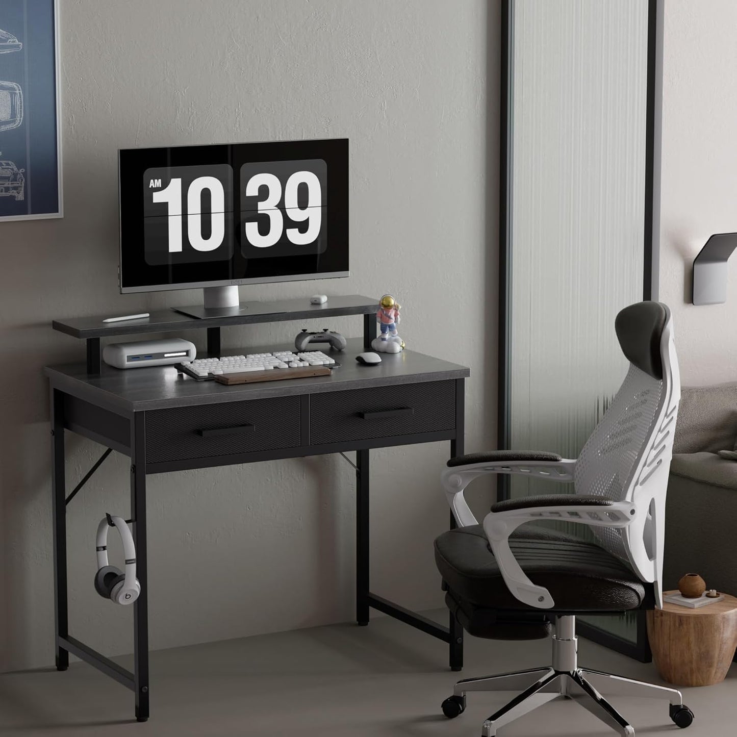 Pamray 32 Inch Small Computer Desk with Monitor Stand Home Office Desks with 2 Drawers for Bedroom Study Writing and Work Table for Small Spaces Grey