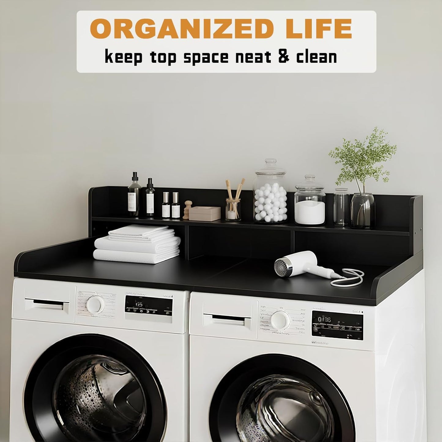 Washer Dryer Countertop with Shelf, 2-Tier Laundry Countertop Over Washer and Dryer, 54" x 27.55" Wooden Table for Folding Clothes for Laundry Room Organization and Storage (Black)