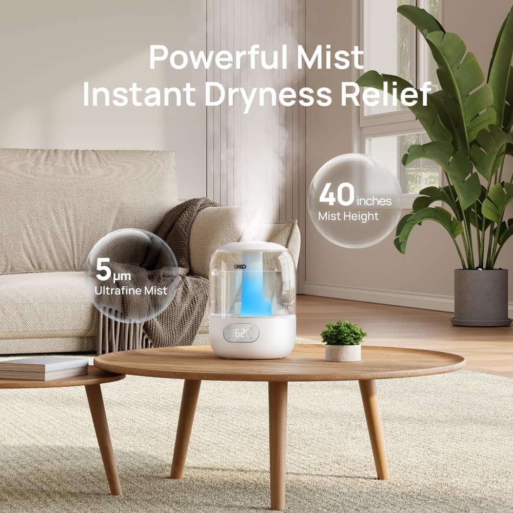 DREO Humidifiers for Bedroom, 3L Top Fill 30H & 26dB Quiet Runtime for Large Room, Cool Mist Ultrasonic Humidifier with Humidity Sensor, Night Light for Home, Baby, Nursery, Plants, New Edition