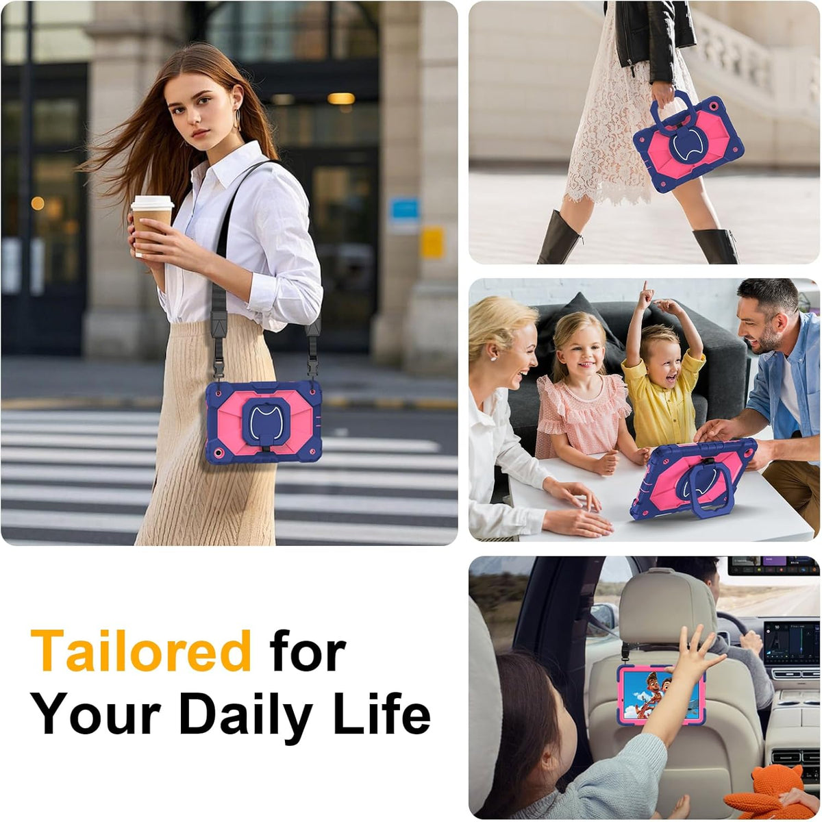 Case for Samsung Galaxy Tab A11+/A9+ Plus 11 Inch 2026/2024, Auorld Rugged Case for Samsung Galaxy A9+/A11+ Tablet with Screen Protector 360 Rotating Stand Shoulder Strap Pen Holder, Navy Pink