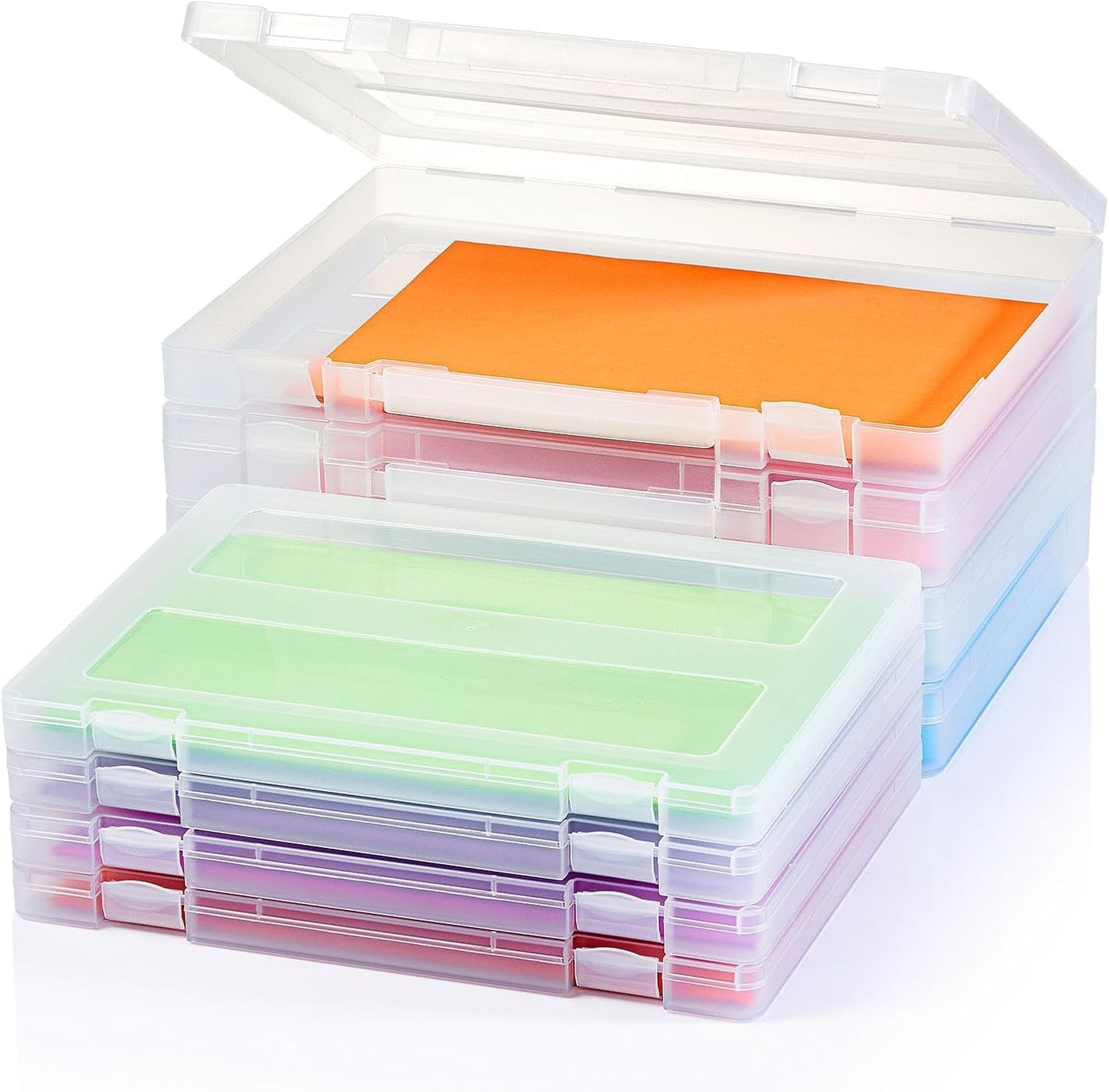 Denkee 4 Pack A4 Paper Organizer Box, Plastic Scrapbook Paper Organizer Containers for Craft and Arts Storage, Portable Board Game Storage for Art Supplies 8.5" x 11" US Letter