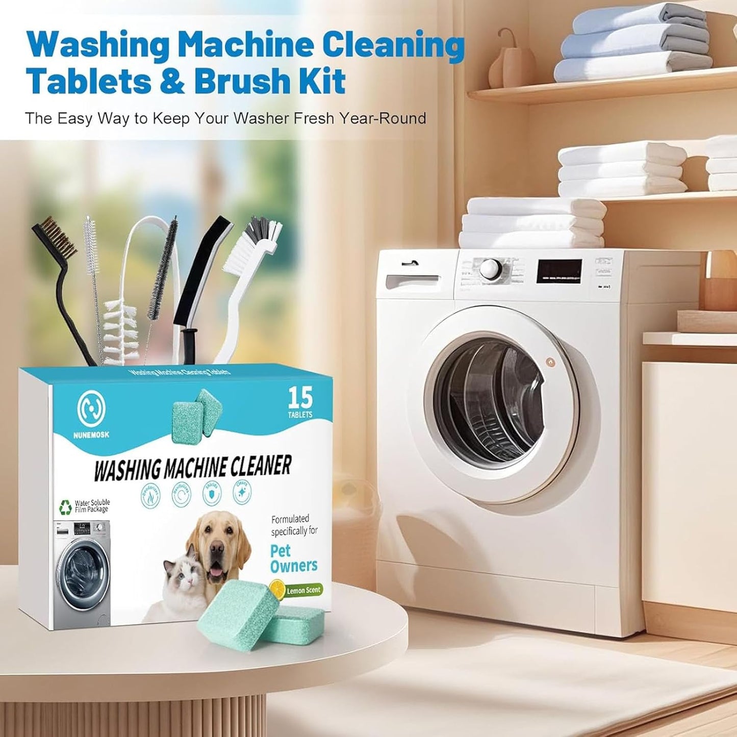 Washing Machine Cleaner, Washer Machine Cleaner Tablets 15 Pcs + Dryer Vent Cleaner Kit 12 Pack, Crevice Cleaning Brush for Bathroom, Shower & Kitchen, All-in-One Multi-Surface Scrubbing Brushes