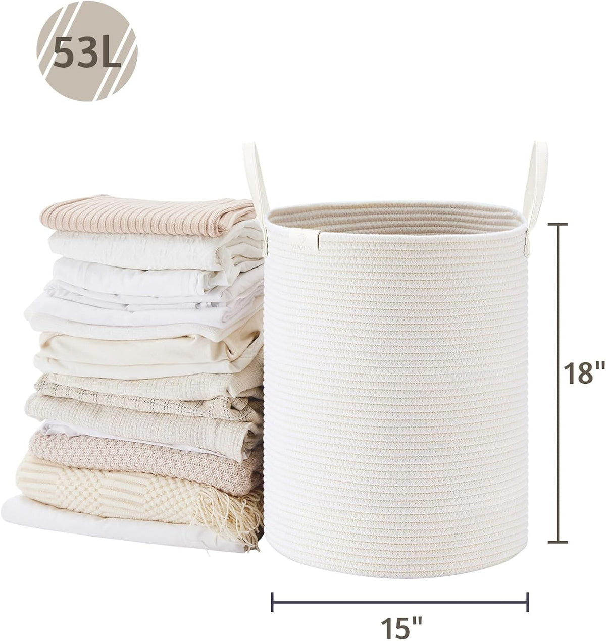 VIPOSCO 53L Tall Woven Rope Laundry Hamper, Leather Handles, White